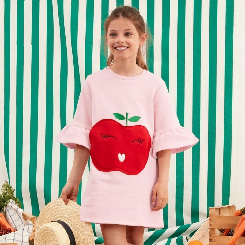 Vêtements d'automne et de printemps pour bébés filles, robes roses décontractées en coton avec des appliques de fruits pour enfants de 2 à 7 ans