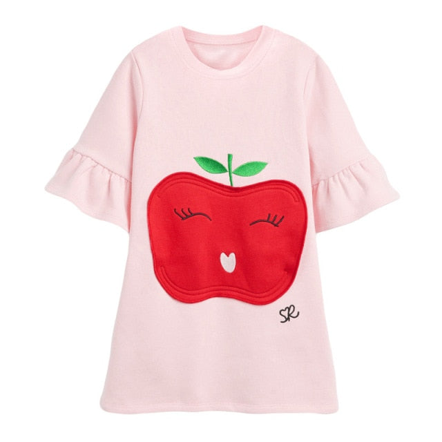 Vêtements d'automne et de printemps pour bébés filles, robes roses décontractées en coton avec des appliques de fruits pour enfants de 2 à 7 ans