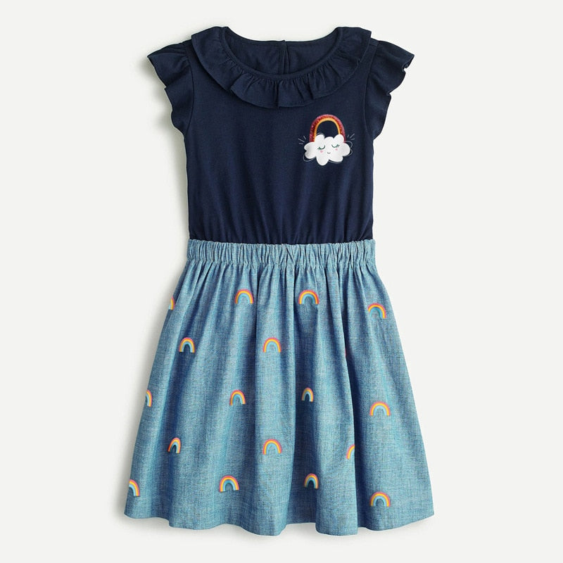 Vêtements d'été pour petites filles de 2 à 7 ans, robe sans manches, couleur Denim, nuage arc-en-ciel