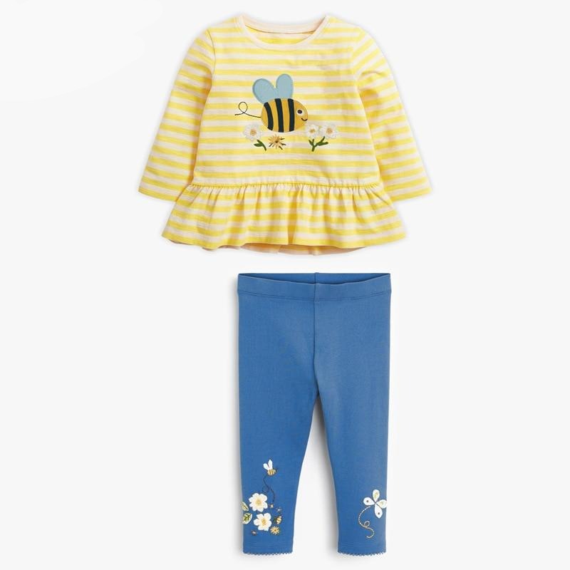 Baby Girl Fall Clothes Autumn Children Set Cotton Two Pieces Suit Toddler Yellow Striped Insect bee Shirt + Blue Flower Pants