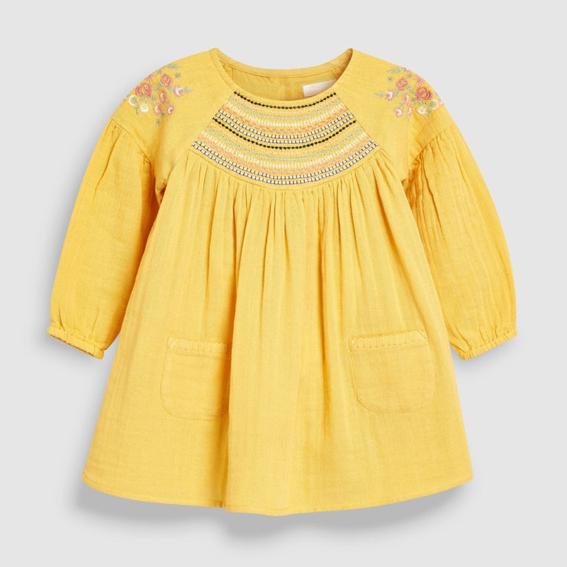 Autumn Spring Brand Baby Girl Clothes Yellow Casual Cotton Toddler Applique Dresses for Kids 2-7 Years