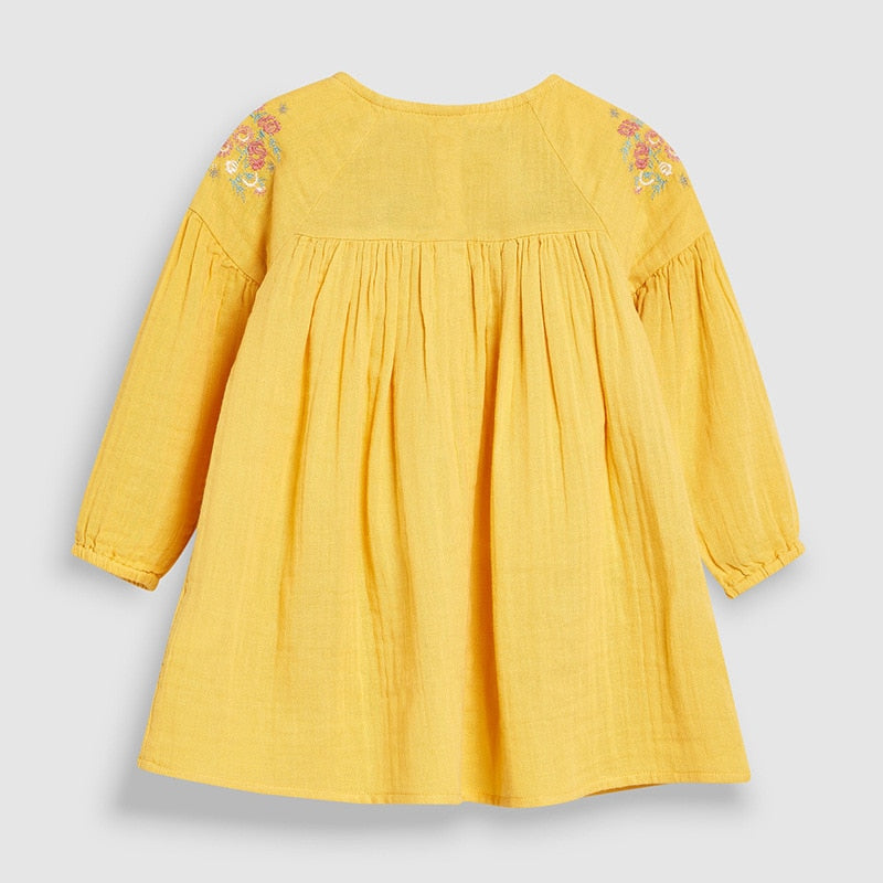 Autumn Spring Brand Baby Girl Clothes Yellow Casual Cotton Toddler Applique Dresses for Kids 2-7 Years