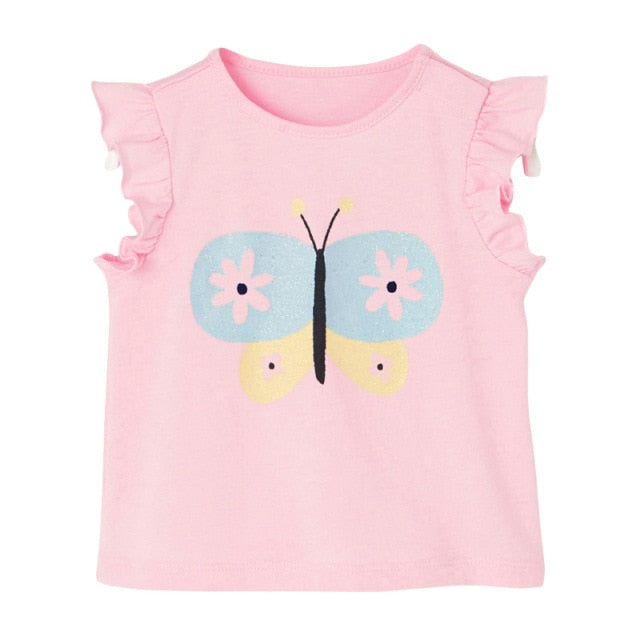 Children Summer Baby Girl Clothes Butterfly Tee Tops Cotton Pink T Shirt for Kids 2-7 Years