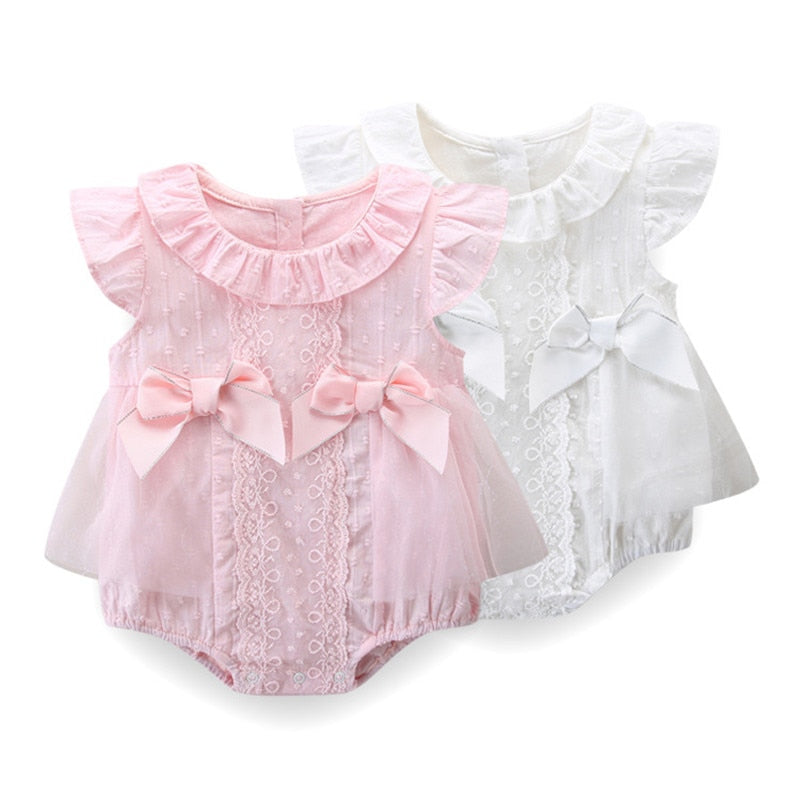 Newborn Summer Baby Bodysuit Embroidery Lace Infant Baby Girl Bodysuit Dress with 2 Bows White Pink