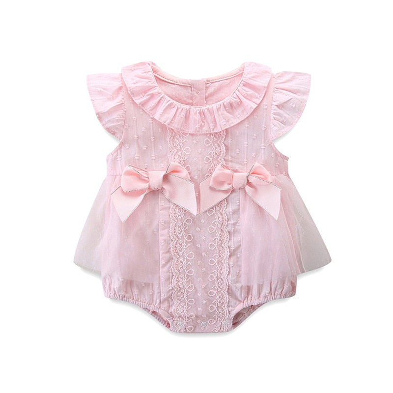 Newborn Summer Baby Bodysuit Embroidery Lace Infant Baby Girl Bodysuit Dress with 2 Bows White Pink