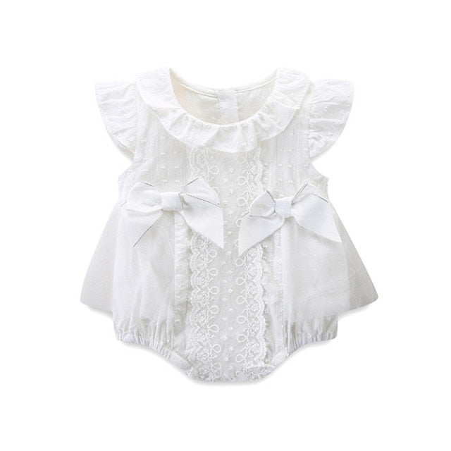 Newborn Summer Baby Bodysuit Embroidery Lace Infant Baby Girl Bodysuit Dress with 2 Bows White Pink