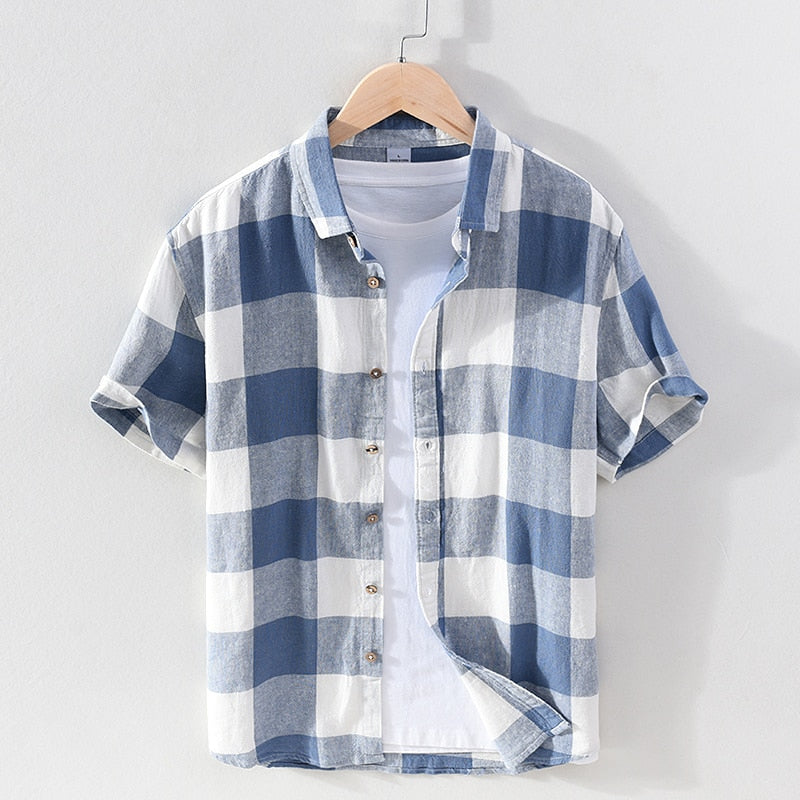 Big Plaid Short Sleeve Shirt for Men Cotton Linen Casual Turn-down Collar Tops Summer New Male Button Up Hemp Shirt