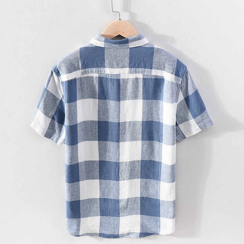 Big Plaid Short Sleeve Shirt for Men Cotton Linen Casual Turn-down Collar Tops Summer New Male Button Up Hemp Shirt