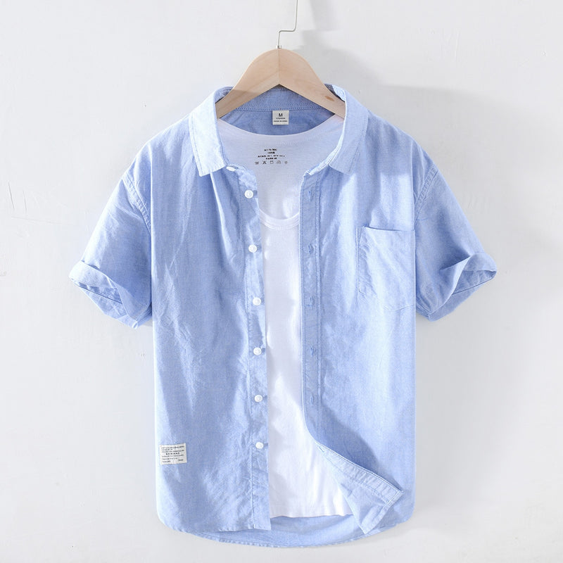 Summer New Single Pocket Shirts Men Short Sleeve 100% Cotton Casual Solid Color Basic Tops Clothing