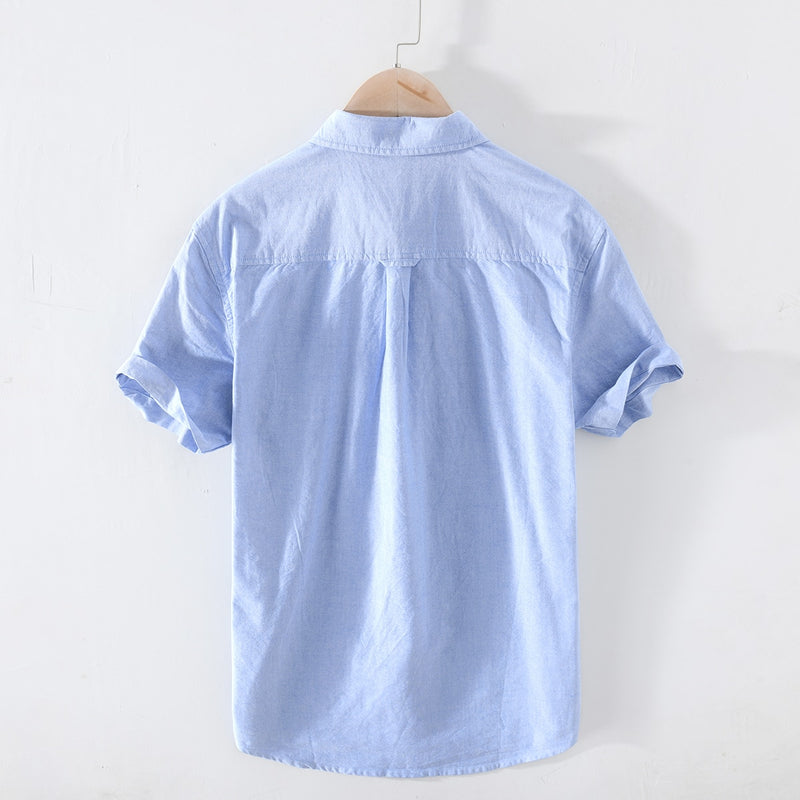 Summer New Single Pocket Shirts Men Short Sleeve 100% Cotton Casual Solid Color Basic Tops Clothing