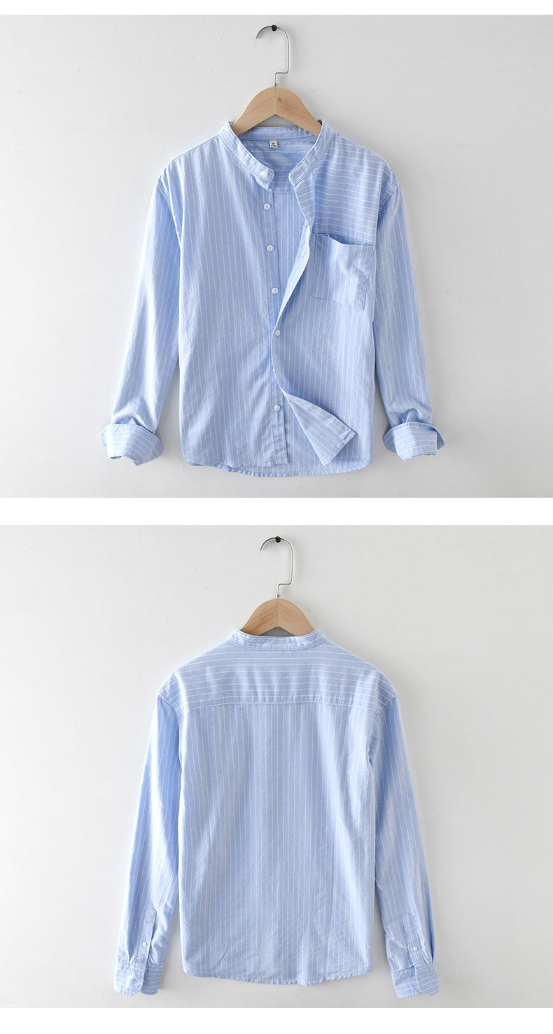 Men's Stylish Striped Cotton Shirts Comfortable Long Sleeve Standard-fit Mandarin Collar Casual Tops Shirt