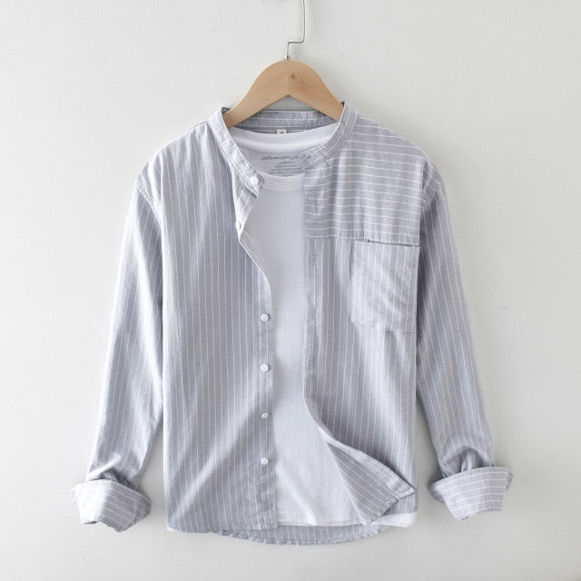 Men's Stylish Striped Cotton Shirts Comfortable Long Sleeve Standard-fit Mandarin Collar Casual Tops Shirt