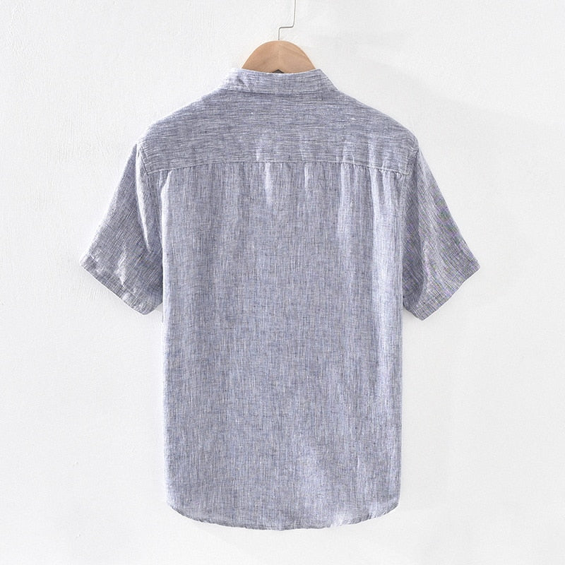 Pure Linen Short Sleeve Shirt for Men Summer Tops Male Solid  Vintage Slim Fit Hemp Shirt