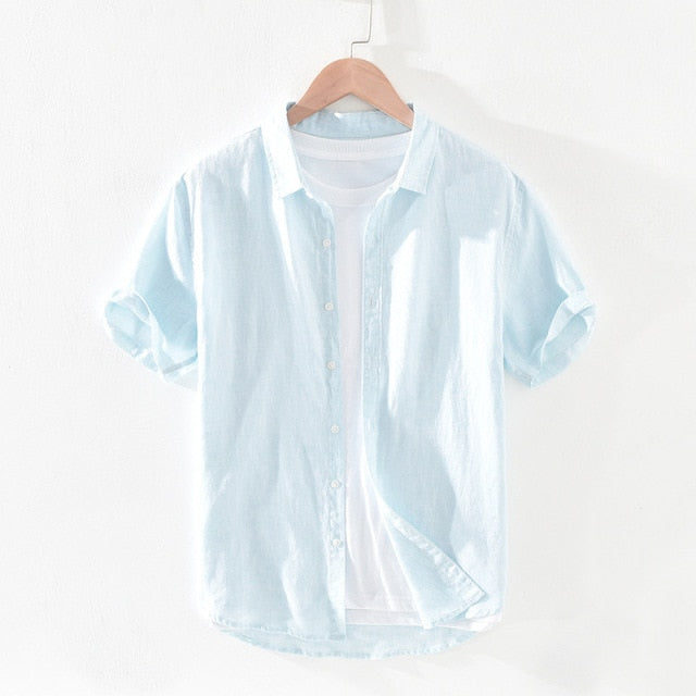 Pure Linen Short Sleeve Shirt for Men Summer Tops Male Solid  Vintage Slim Fit Hemp Shirt
