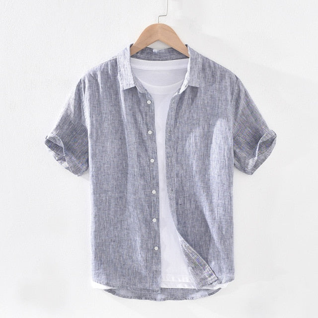 Pure Linen Short Sleeve Shirt for Men Summer Tops Male Solid  Vintage Slim Fit Hemp Shirt