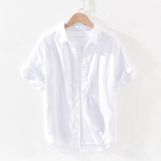 Pure Linen Short Sleeve Shirt for Men Summer Tops Male Solid  Vintage Slim Fit Hemp Shirt