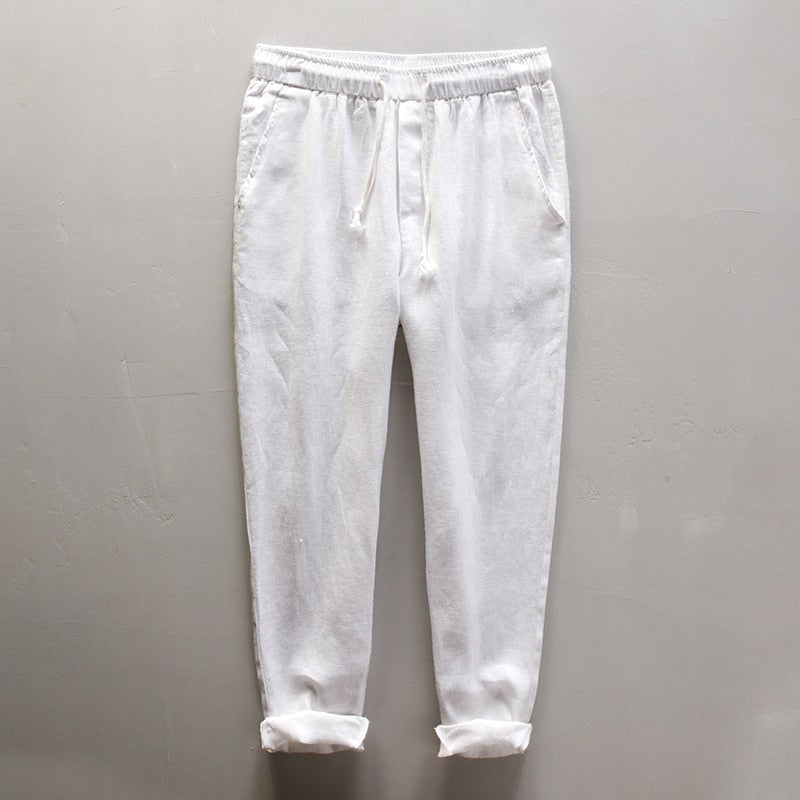 Men's Summer Casual Pants Natural Pure Linen Trousers Solid Color Elastic Waist Straight Pants