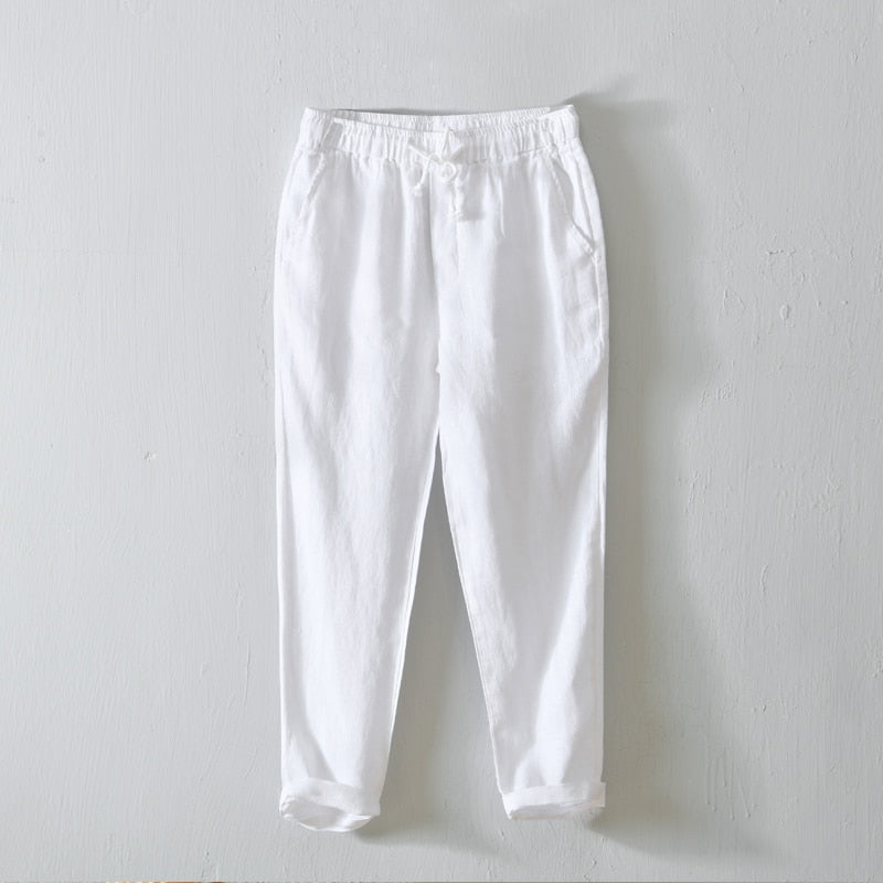 Men's Summer Casual Pants Natural Pure Linen Trousers Solid Color Elastic Waist Straight Pants