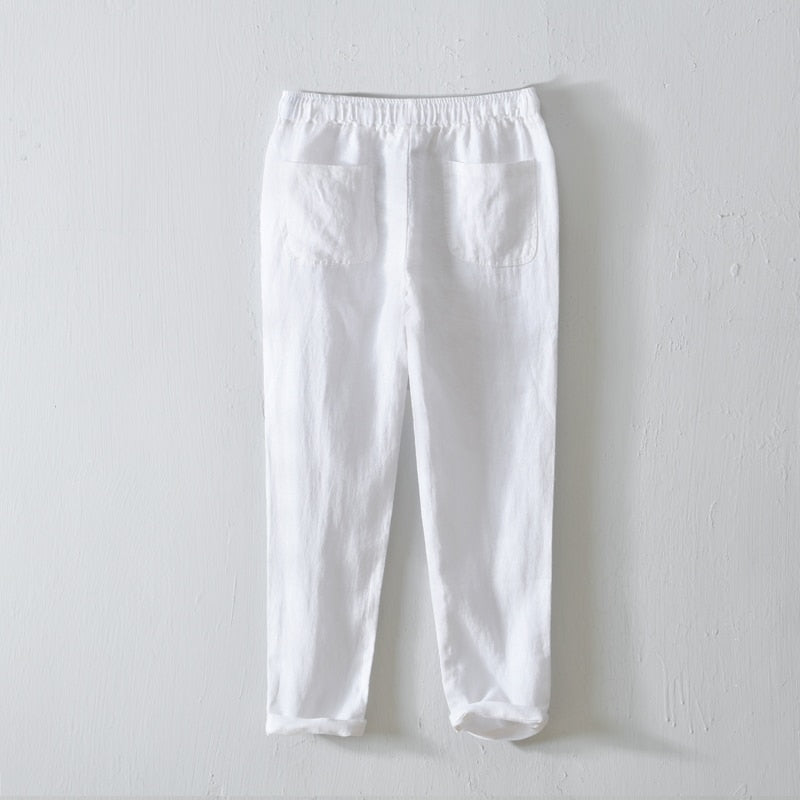 Men's Summer Casual Pants Natural Pure Linen Trousers Solid Color Elastic Waist Straight Pants