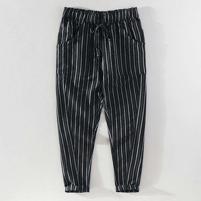 Summer Casual Stripe Pants for Men Cotton Linen Slim Fit Fashion Drawstring  Trousers Male Brand Clothing