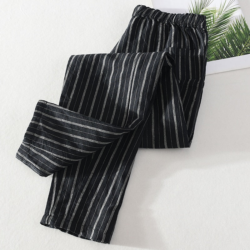 Summer Casual Stripe Pants for Men Cotton Linen Slim Fit Fashion Drawstring  Trousers Male Brand Clothing