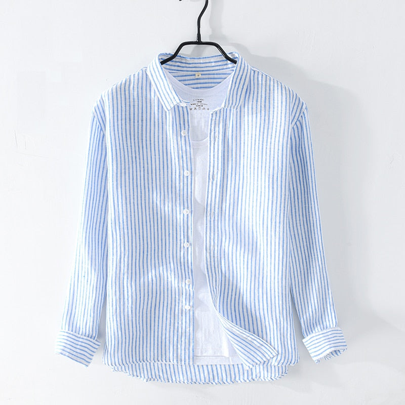 Long Sleeve Shirt for Men Casual Striped Turn-down Collar Tops 100% Linen Regular Clothing