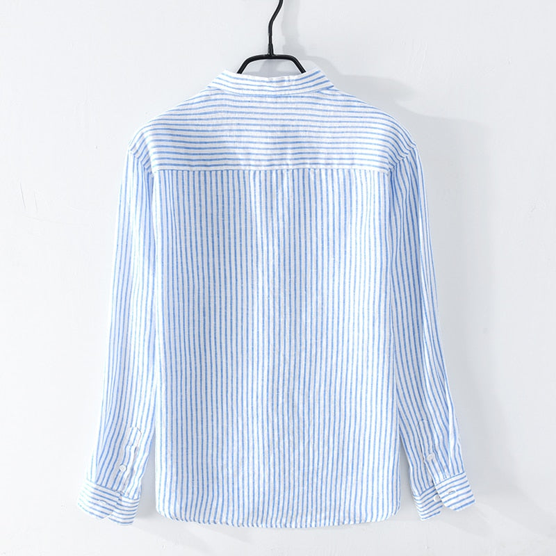 Long Sleeve Shirt for Men Casual Striped Turn-down Collar Tops 100% Linen Regular Clothing