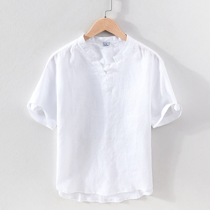 Linen Pullover Shirt for Men Summer New Short Sleeve Tops Male Solid White Mandarin Collar