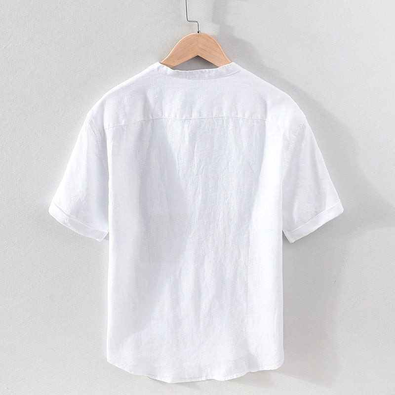 Linen Pullover Shirt for Men Summer New Short Sleeve Tops Male Solid White Mandarin Collar