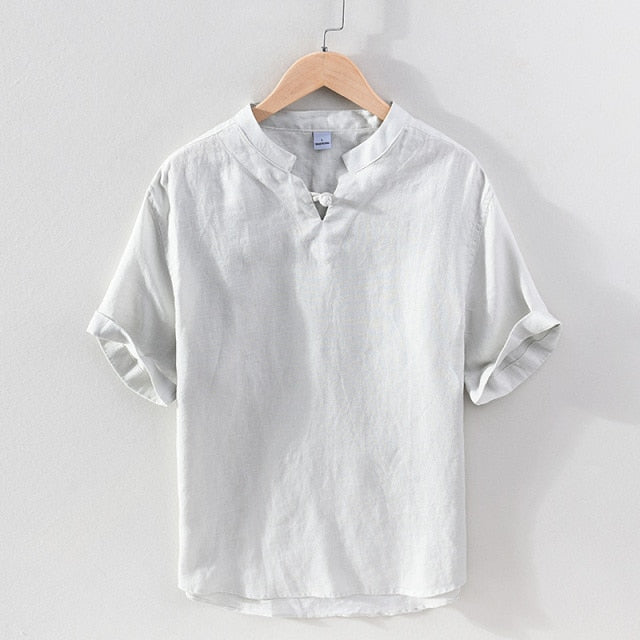 Linen Pullover Shirt for Men Summer New Short Sleeve Tops Male Solid White Mandarin Collar