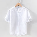 Linen Pullover Shirt for Men Summer New Short Sleeve Tops Male Solid White Mandarin Collar