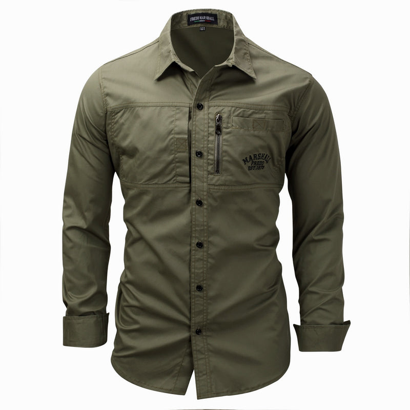 Shirt for Men Pure Cotton Turn-down Collar Safari Style Tops Male Slim Fit Army Outdoor Casual Clothing Letter