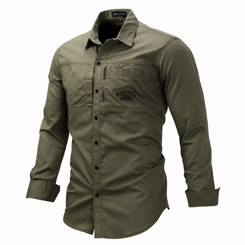 Shirt for Men Pure Cotton Turn-down Collar Safari Style Tops Male Slim Fit Army Outdoor Casual Clothing Letter