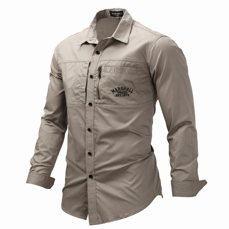 Shirt for Men Pure Cotton Turn-down Collar Safari Style Tops Male Slim Fit Army Outdoor Casual Clothing Letter