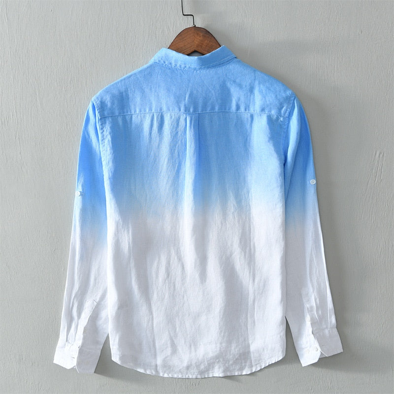 Men's Long Sleeve Shirt Pure Linen Hanging Dyed Gradient Button Chic Male Casual Tops Clothing