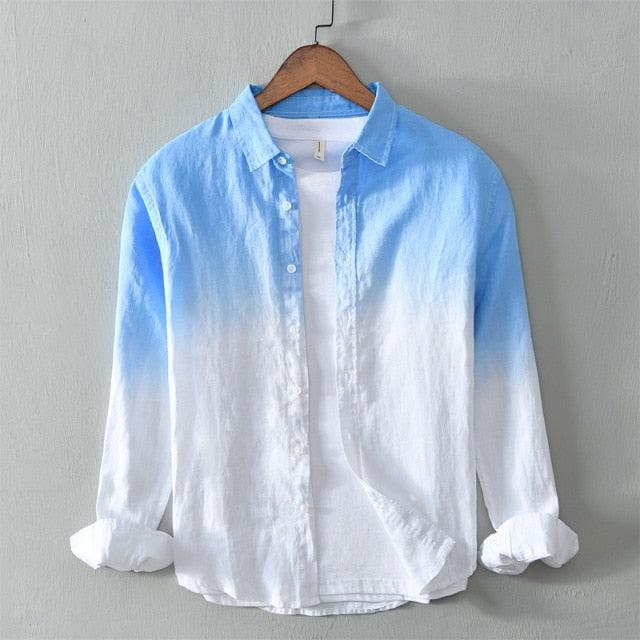 Men's Long Sleeve Shirt Pure Linen Hanging Dyed Gradient Button Chic Male Casual Tops Clothing