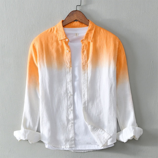 Men's Long Sleeve Shirt Pure Linen Hanging Dyed Gradient Button Chic Male Casual Tops Clothing