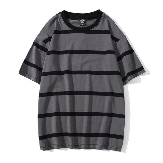 Striped Short Sleeve Oversized T Shirt for Men Summer New Cotton O-Neck Tops Male Simple All-match Cargo Retro Tops Gothic