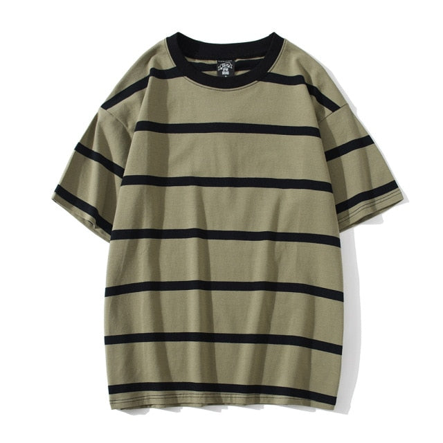 Striped Short Sleeve Oversized T Shirt for Men Summer New Cotton O-Neck Tops Male Simple All-match Cargo Retro Tops Gothic