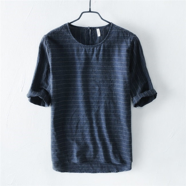 Retro T Shirt for Men Cotton Linen Short Sleeve Striped Male Summer