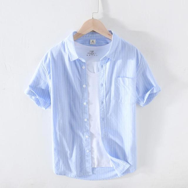 Summer New Striped Shirts Men Short Sleeve 100% Cotton Casual Shirt High Quality clothing