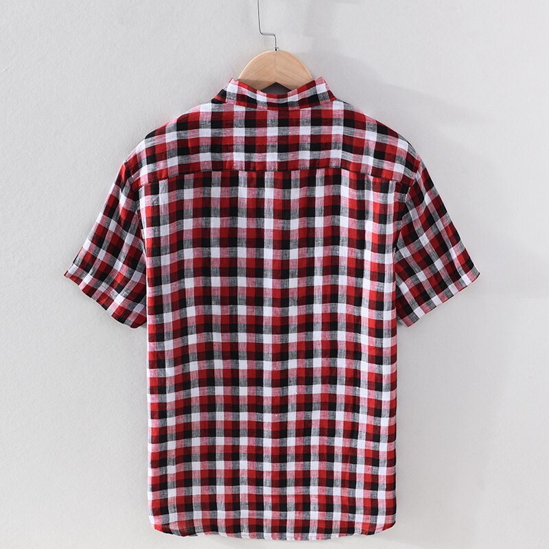 Red Plaid Short Sleeve Shirt for Men 100% Pure Linen Casual Turn-down Collar Tops Summer New Male Button Up Shirt