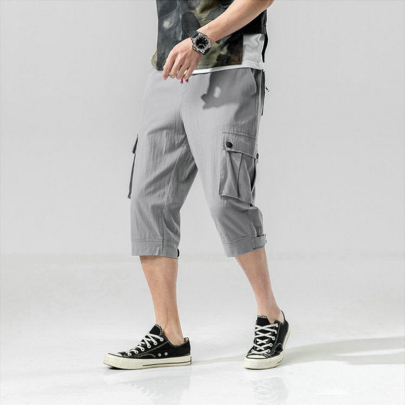 Summer Mens Camo Cargo Pants Cotton Military Mens Summer Casual Pocket Solid Drawstring Calf-Length Pants Trousers