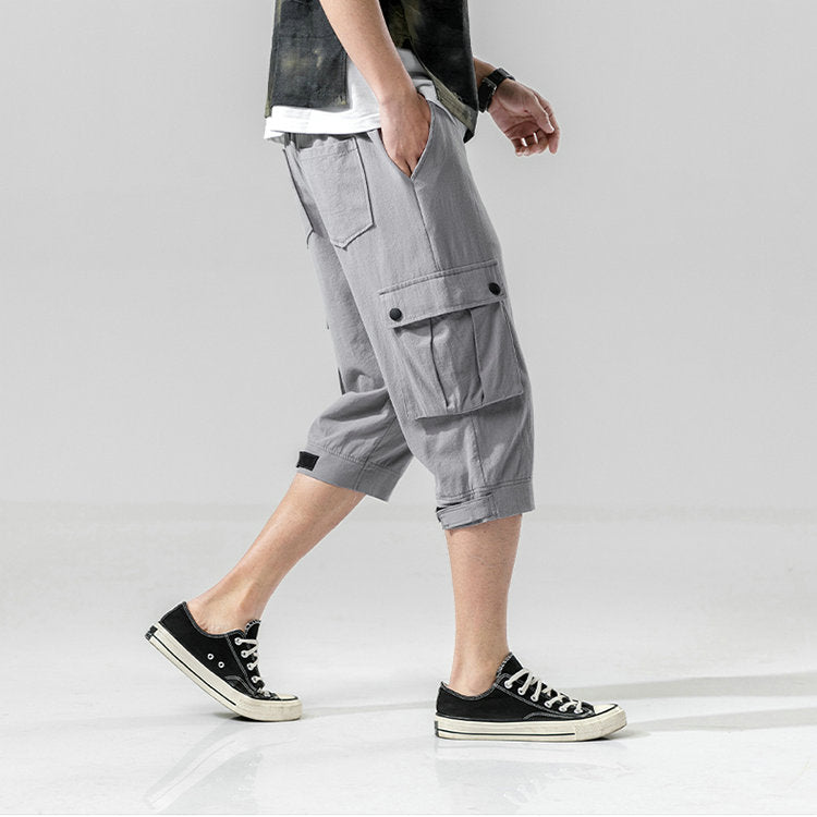 Summer Mens Camo Cargo Pants Cotton Military Mens Summer Casual Pocket Solid Drawstring Calf-Length Pants Trousers