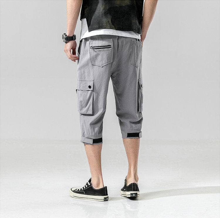 Summer Mens Camo Cargo Pants Cotton Military Mens Summer Casual Pocket Solid Drawstring Calf-Length Pants Trousers