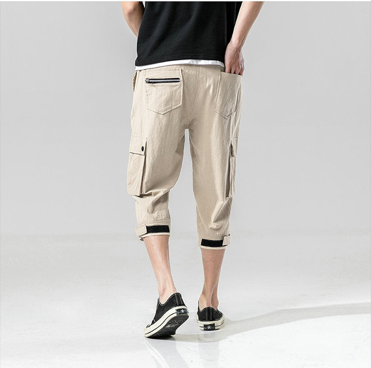 Summer Mens Camo Cargo Pants Cotton Military Mens Summer Casual Pocket Solid Drawstring Calf-Length Pants Trousers