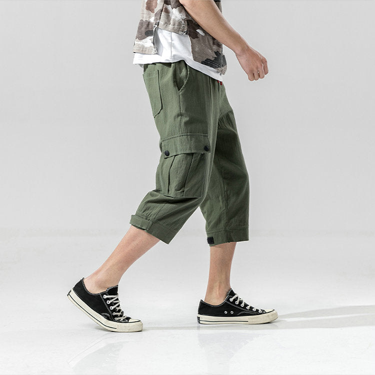 Summer Mens Camo Cargo Pants Cotton Military Mens Summer Casual Pocket Solid Drawstring Calf-Length Pants Trousers