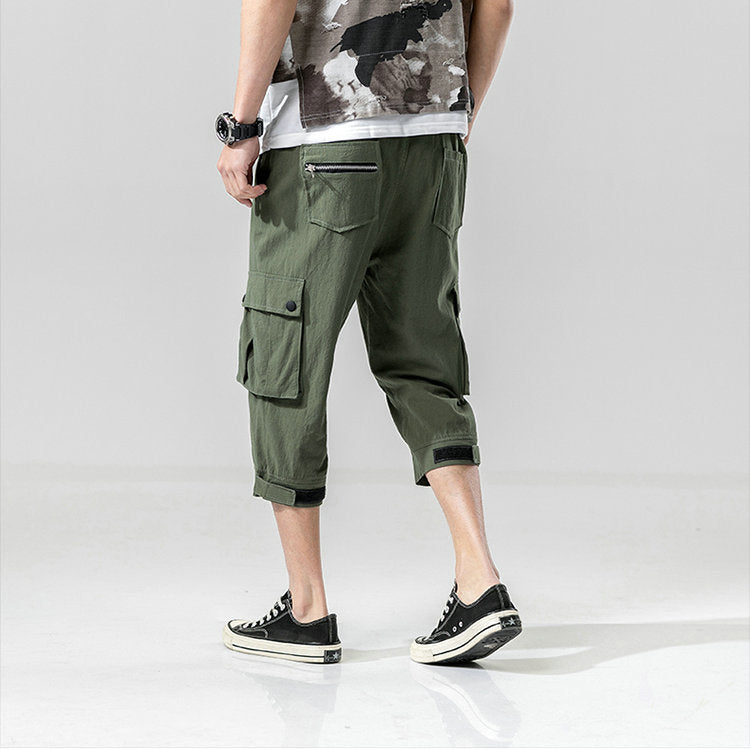 Summer Mens Camo Cargo Pants Cotton Military Mens Summer Casual Pocket Solid Drawstring Calf-Length Pants Trousers