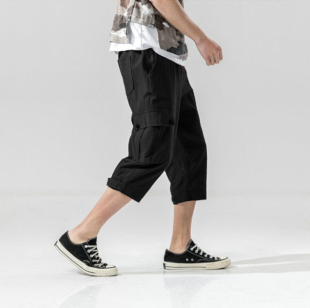 Summer Mens Camo Cargo Pants Cotton Military Mens Summer Casual Pocket Solid Drawstring Calf-Length Pants Trousers