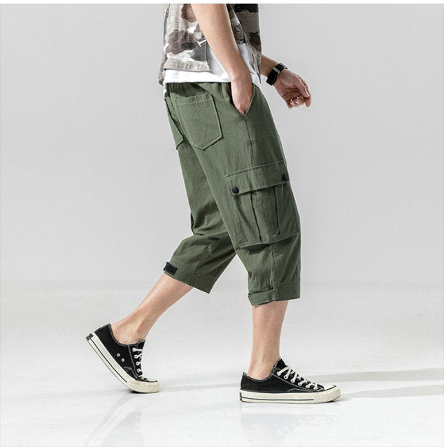 Summer Mens Camo Cargo Pants Cotton Military Mens Summer Casual Pocket Solid Drawstring Calf-Length Pants Trousers